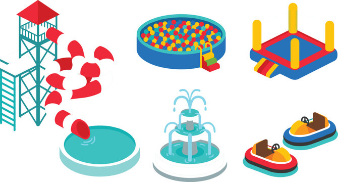 Isometric Water Park and Amusement Attractions Set with Tower Spiral Slide Round Ball Pit Fountain Bouncy Castle and Bumper Boats Vector Illustration