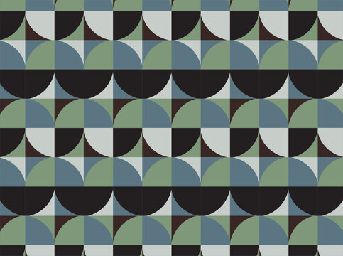 Seamless retro geometric pattern featuring bold circles, semicircles, and quarter-circle shapes arranged in a structured repeating grid. A balanced palette of sage green, dusty blue, charcoal, black.