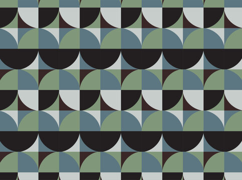 Seamless retro geometric pattern featuring bold circles, semicircles, and quarter-circle shapes arranged in a structured repeating grid. A balanced palette of sage green, dusty blue, charcoal, black.