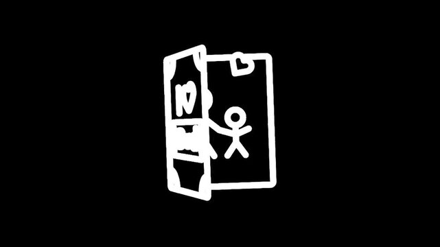 Simple stick figure opening a closet door with clothes inside, hand-drawn style