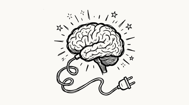 A hand-drawn illustration of a human brain with a power cord plugged in, radiating energy and stars, symbolizing ideas, intelligence, and mental activation.