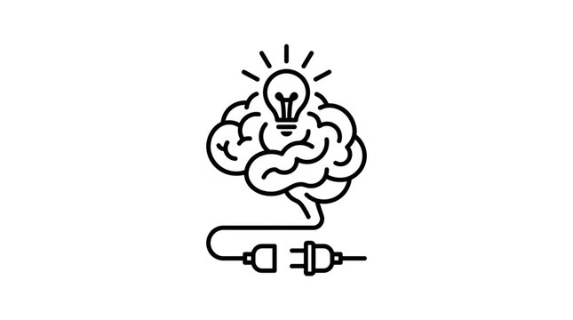 Outline illustration of a human brain with a glowing lightbulb above, connected to an unplugged electrical plug and socket, symbolizing thought and innovation.