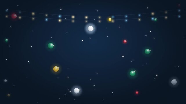 Festive Christmas Garland Lights and Floating Ornaments Motion Background, Animated Glowing Fairy Light String with Christmas Baubles and Snow Dust on Dark Blue Backdrop, Holiday Celebration VJ Loop