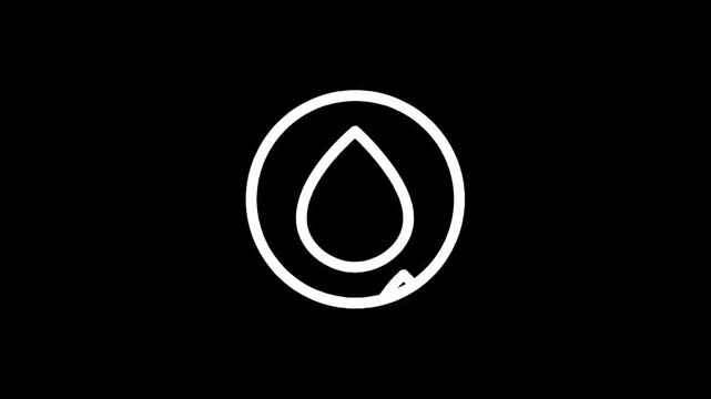 Minimalist white icon of water drops inside a circle on a black background