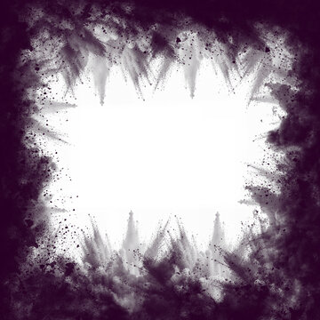 Dark purple powder explosion forming a square frame border with artistic dust particles isolated in a design on transparent background