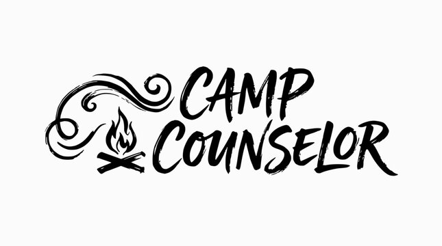 Handwritten camp counselor logo with campfire icon.