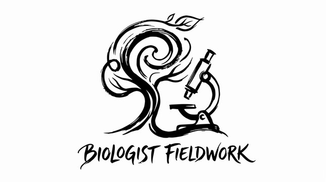 Biologist fieldwork logo with microscope and swirl.