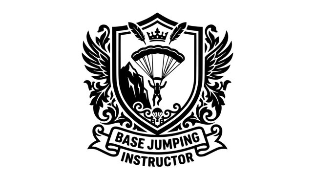 Base jumping instructor crest with mountain landscape.