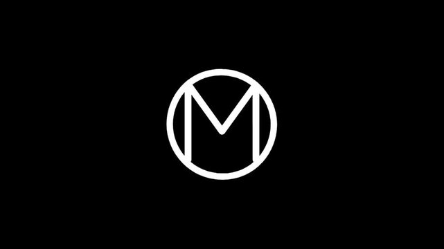 Minimalist white letter M inside a circle on a black background, abstract logo design