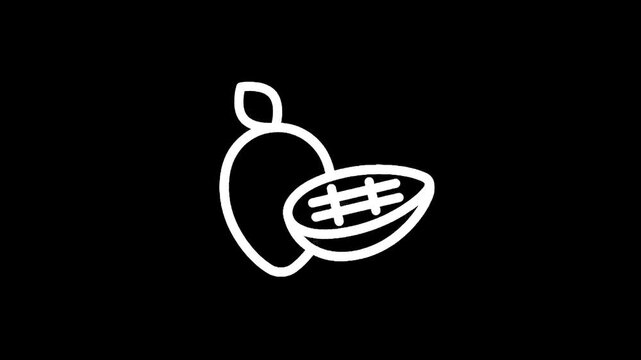 Simple white line icon of a whole mango and a halved mango on a black background