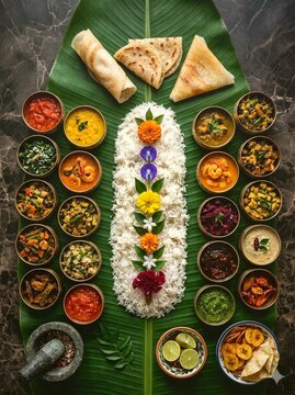 Traditional Sri Lankan rice and curry spread served on a banana leaf with assorted vegetable dishes, dhal, sambol, poppadoms, hoppers, and colorful floral decorations, top view flat lay.