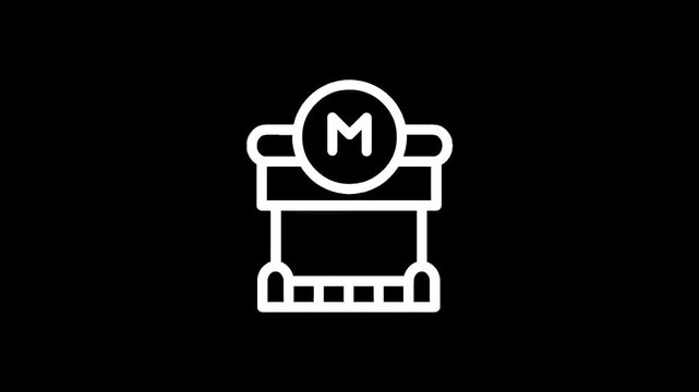Minimalist white icon of a treasure chest with the letter M inside a circle on top