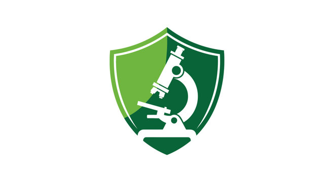 Microscope Shield Logo Depicting Research, Science, and Analytical Observation Symbol
