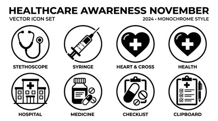 Fototapeta premium Healthcare Awareness Monochrome Vector Icon Set Featuring Medical Equipment and Wellness Symbols for Clinical Documentation Design