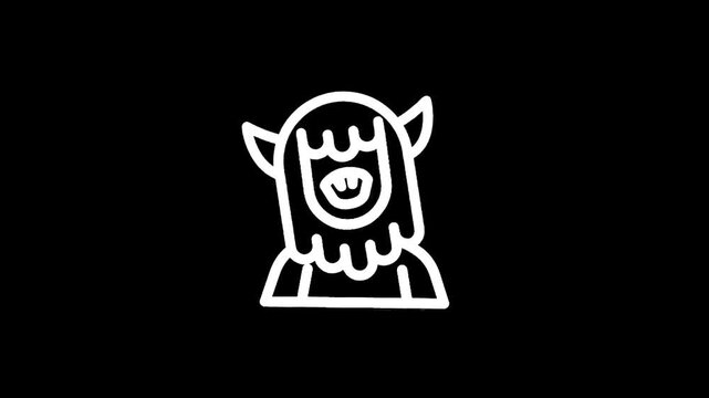 Cute cartoon monster with horns and messy hair, white outline on black background