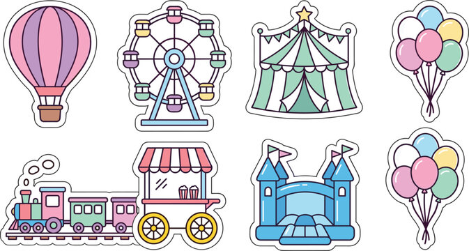 Cute Pastel Amusement Park Carnival Sticker Set Featuring Ferris Wheel Circus Tent Steam Train Castle and Balloon Vector Illustration Design Elements