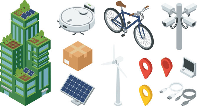 Smart City and Green Technology Isometric Icon Set with Eco Skyscraper Wind Turbine Solar Panel Vacuum Robot and Surveillance Camera Elements Vector
