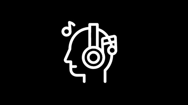 Outline icon of a human head with headphones and musical notes, symbolizing music enjoyment