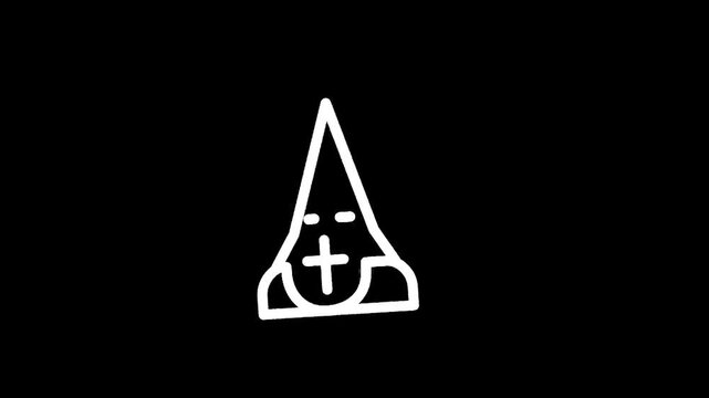 Simple line drawing of a hooded figure with a cross on a black background