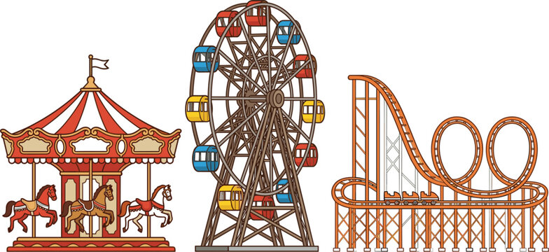 Vintage Amusement Park Ride Set with Retro Carousel Horse Merry Go Round Ferris Wheel and Double Loop Roller Coaster Vector Illustration Design Elements