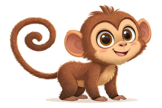 Cute cartoon monkey with curly tail smiling happily