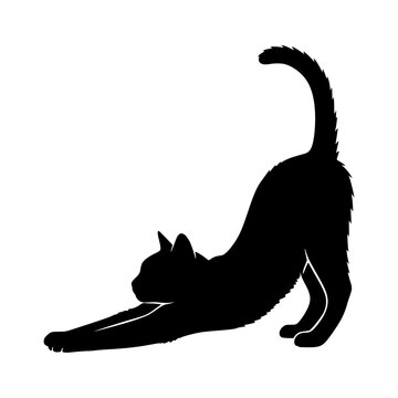 Relaxed cat silhouette stretching vector illustration, Cat silhouette stretching with extended front paw and arched back in relaxed pose