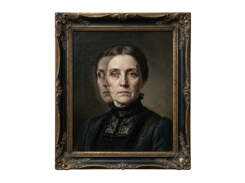 An old vintage portrait of a woman with double exposure isolated on transparent background. Useful for horror art.