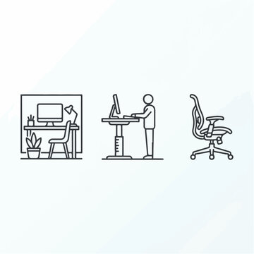 Minimalist office furniture icons, ergonomic standing desk and workspace vector set, modern home office interior line art illustrations