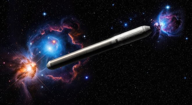 A long cigar-shaped interstellar object drifts through the vast dark void of deep space, surrounded by distant stars and cosmic nebulae, stony, cosmos, dark