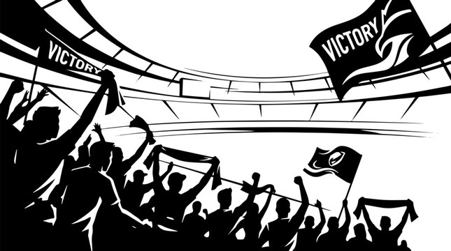 Dynamic stadium crowd silhouette with victory flags, cheering sports fans in arena, black and white soccer match atmosphere vector illustration