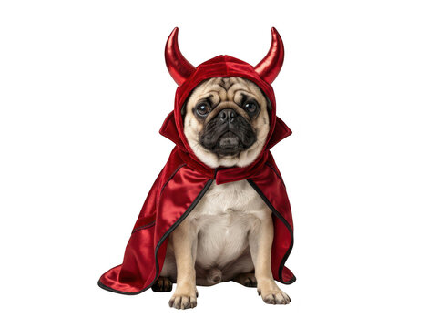Cute pug dog wearing red devil costume isolated on transparent background. Halloween pet party concept.