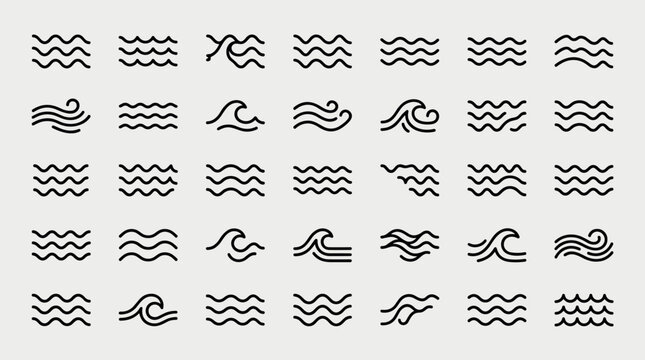 Japanese Wave Thin Line Vector Icon Set with Ocean Water Ripple Sea Wave and Traditional Oriental Pattern Symbols