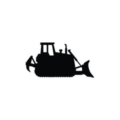 A black silhouette of a bulldozer with a raised blade against a white background silhouette construction heavy equipment machinery © Bsicon02