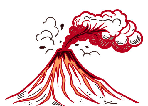 Hand-drawn erupting volcano illustration with dynamic lava flow vector design