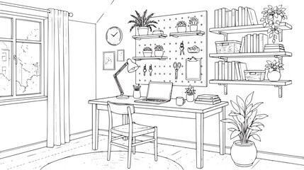 Minimalist line art workspace, cozy home office interior with desk and laptop, hand drawn room outline with plants and bookshelves © vector hub