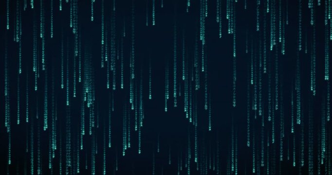 Japanese katakana characters fall in a teal circuit animation, creating a deep mainframe atmosphere with layered parallax rain.