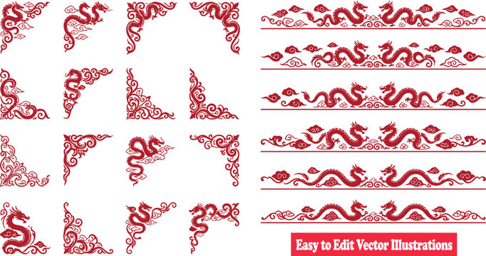 Set of traditional chinese dragon corner frames and decorative borders