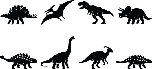 Dinosaur Silhouette Collection Featuring Prehistoric Reptiles and Flying Pterosaur Isolated on White Background © Chandra 