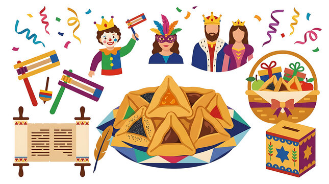 Purim Celebration with Hamantaschen Torah Scroll King Queen Clown and Festive Decorations