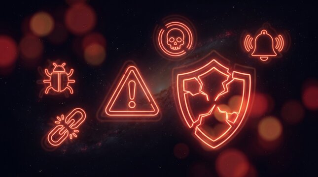 Cybersecurity data breach concept with glowing red icons, broken shield and malware symbols on dark background, digital security threat visualization