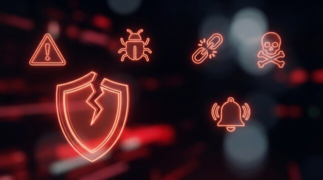 Cybersecurity breach concept with glowing red icons, broken shield and malware symbols on dark background, digital security vulnerability and data hack