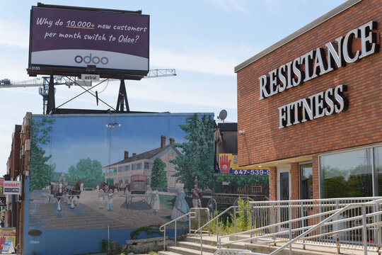 exterior of Resistance Fitness, a gym, located at 2530 Kingston Rd (including a mural depicting a historical scene of Scarborough, Ontario), Toronto