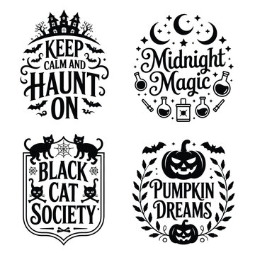 Collection of four Halloween themed graphic designs with spooky illustrations and text