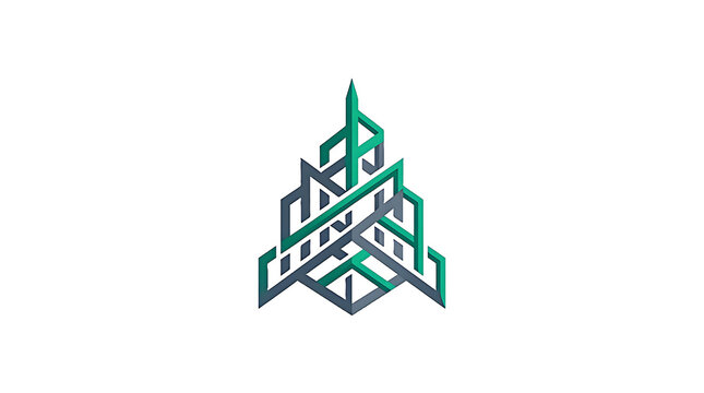 Stylized architectural building concept logo in green and grey with real estate building architecture skyscraper geometric structure minimalist