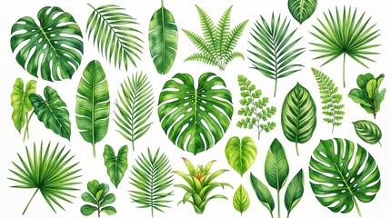 Naklejka premium Collection of various tropical green leaves painted in watercolor isolated on a white background