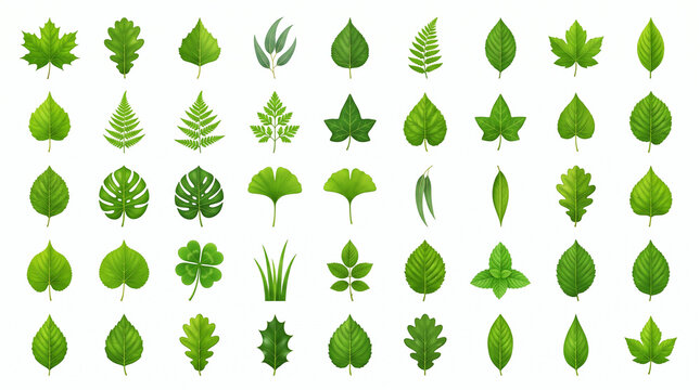Collection of various green leaves isolated on white background for botanical design and nature projects