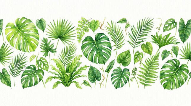 Seamless border pattern with watercolor tropical leaves and exotic plants on a white background