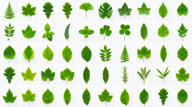 Collection of various green leaves from different trees and plants isolated on white background