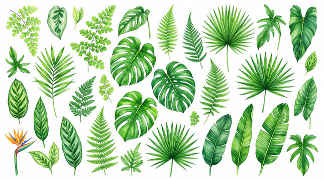 Collection of various tropical green leaves and exotic plants painted with watercolor on white background