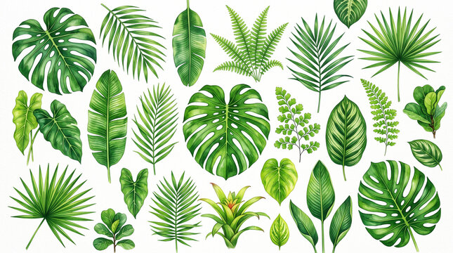 Collection of various tropical green leaves painted in watercolor isolated on a white background